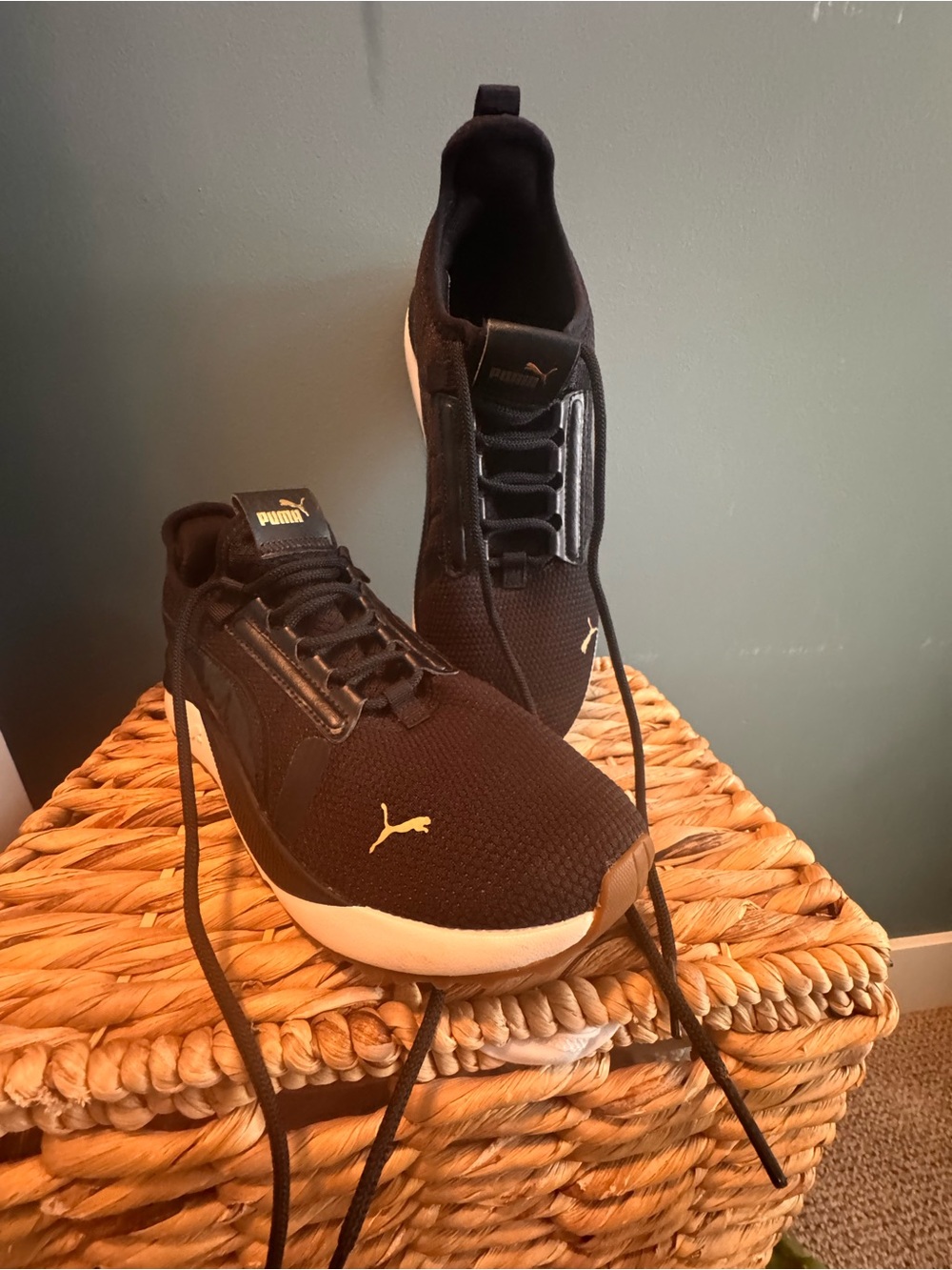 Puma Black Sneakers with White Soles and Gold Accents. Sz Women’s 8.5